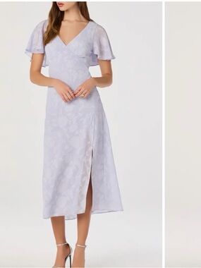 Astr Lavender V-Neck Flutter Sleeve Midi Dress with Side Slit